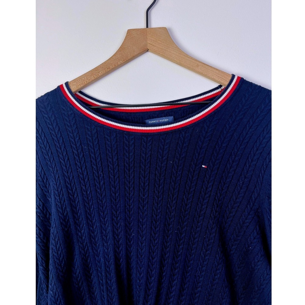 Tommy Hilfiger Preppy Navy Blue Cable Knit Sweater Striped Collar Pullover XXL‎ - Picture 2 of 5